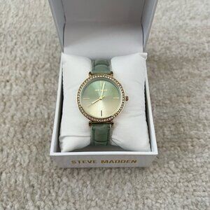 NWT Steve Madden Ladies Green Gold Watch With Rhinestones